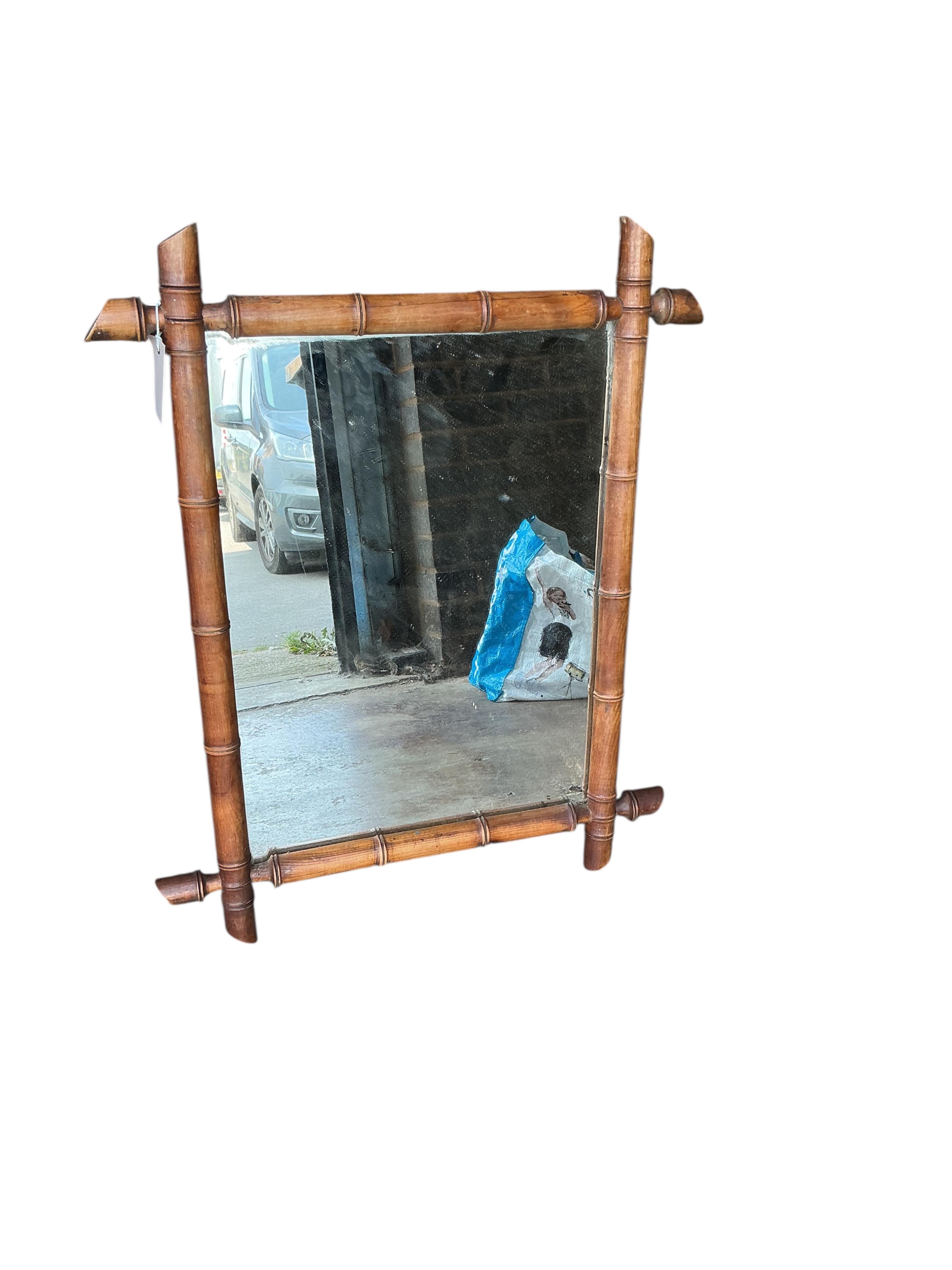 Two early 20th French rectangular faux bamboo wall mirrors, larger width 56cm, height 70cm